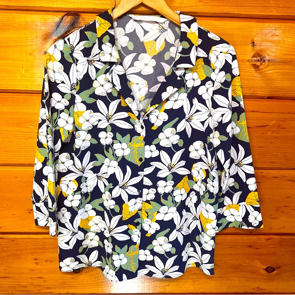ZARA Trafaluc Floral Print Blazer 3/4 Sleeve Collared Button Down Blouse S - Picture 1 of 4